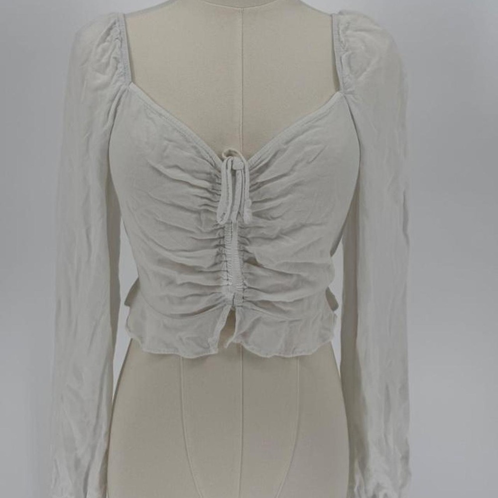 Altar'd State White Ruched Tie Front Long Sleeve Blouse Top Small